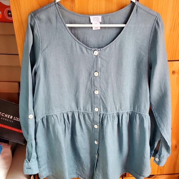 Sigrid Olsen Tops - Sigrid Olsen Soft Green Linen Long Sleeve Button Front Peplum Top Size Small